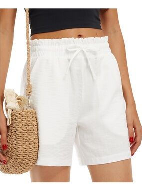 Libin White paperbag elastic Waist Shorts with Drawstring. SizeXL.